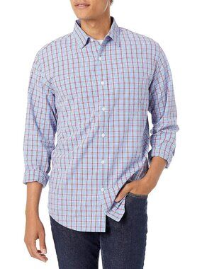 Men's Light Blue Red Plaid 100% Cotton Imported Long-Sleeve Casual Poplin Shirt